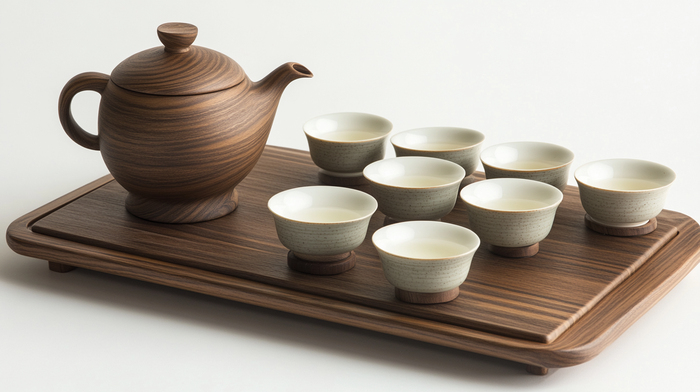 Traditional Chinese tea set with a wooden teapot and eight ceramic teacups arranged on a matching wooden tea tray against a white background.