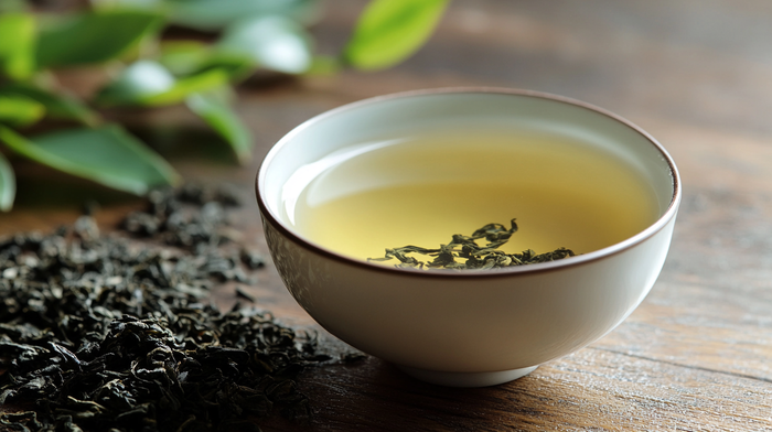 A delicate ceramic teacup filled with freshly brewed white tea, with loose dried tea leaves scattered beside it on a rustic wooden surface. T